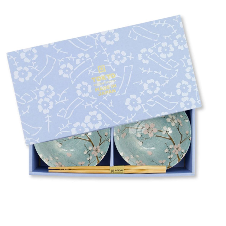 Elegante Japanse kommen met sakura motief, Fujisakura set met twee paar eetstokjes.