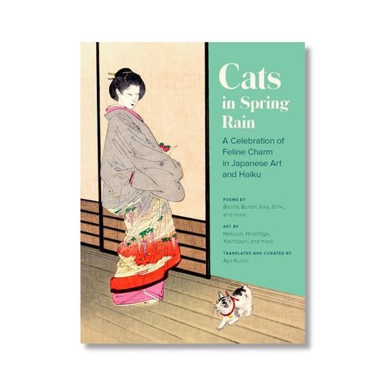 Boekcover van “Cats in Spring Rain” met Japanse kattenprent en elegante typografie.