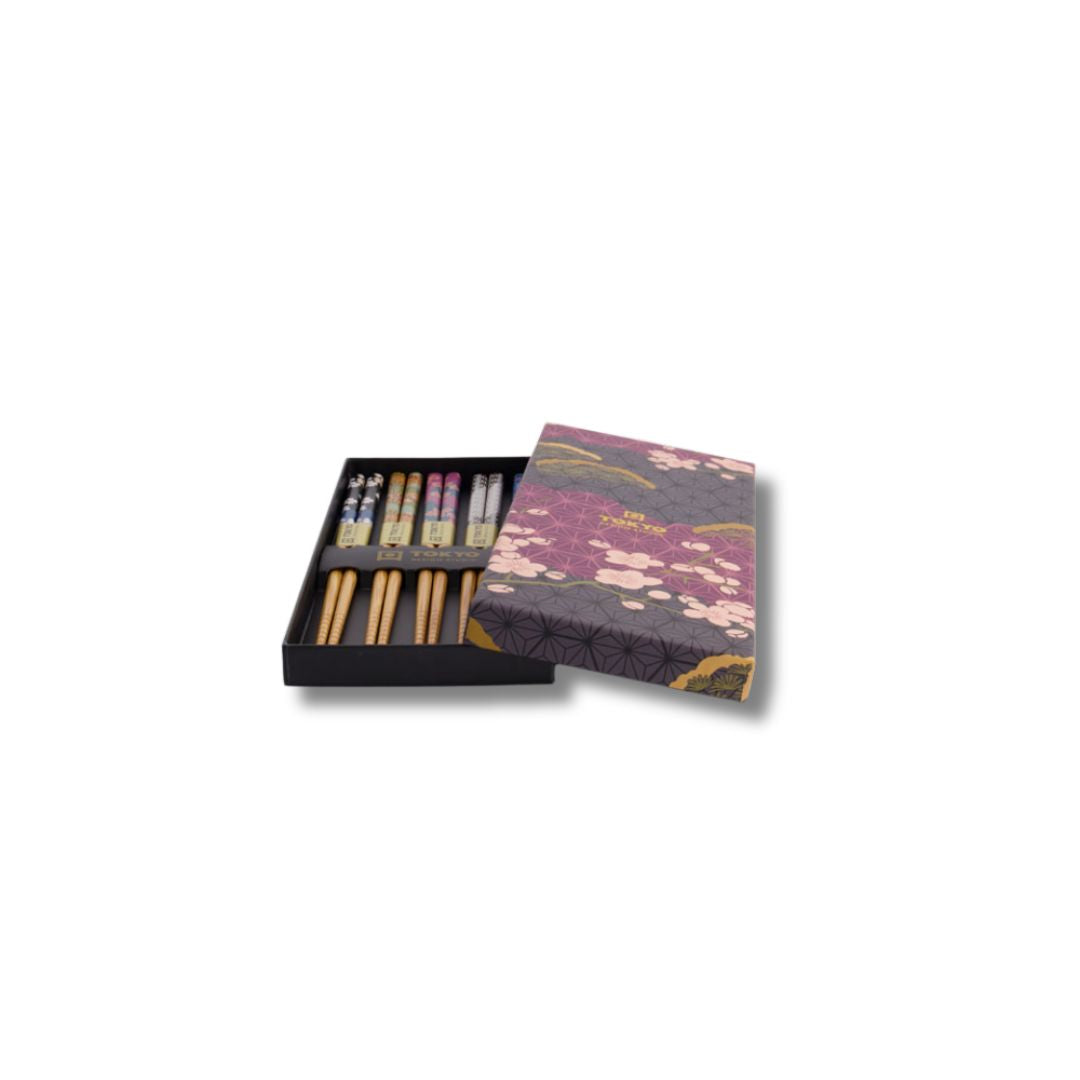 Stijlvolle herbruikbare eetstokjes set, 5 paar bamboe hashi. Een perfect cadeau voor foodies.
