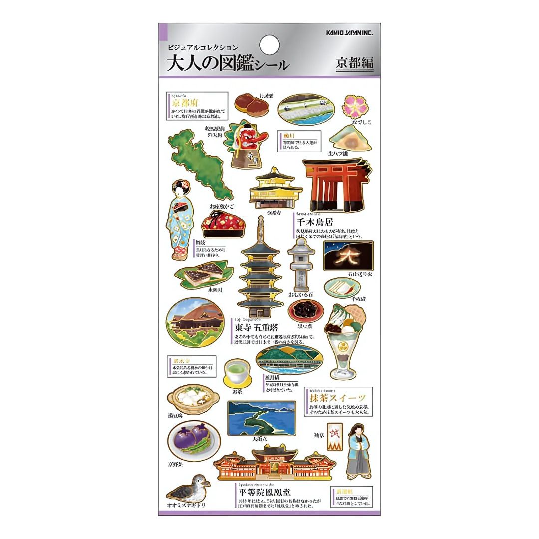 Sticker set met illustraties van sencha, matcha sweets en Kiyomizu-dera tempel, geïnspireerd op het traditionele Kyoto, op een stickervel.