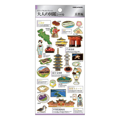 Sticker set met illustraties van sencha, matcha sweets en Kiyomizu-dera tempel, geïnspireerd op het traditionele Kyoto, op een stickervel.