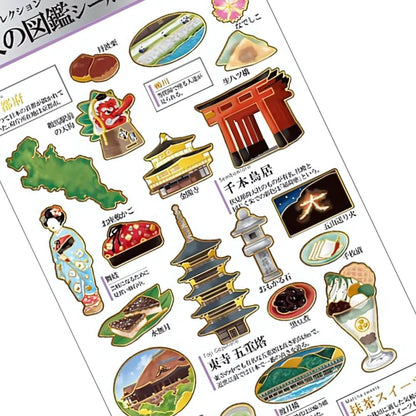 Sticker set met illustraties van sencha, matcha sweets en Kiyomizu-dera tempel, geïnspireerd op het traditionele Kyoto, op een stickervel.
