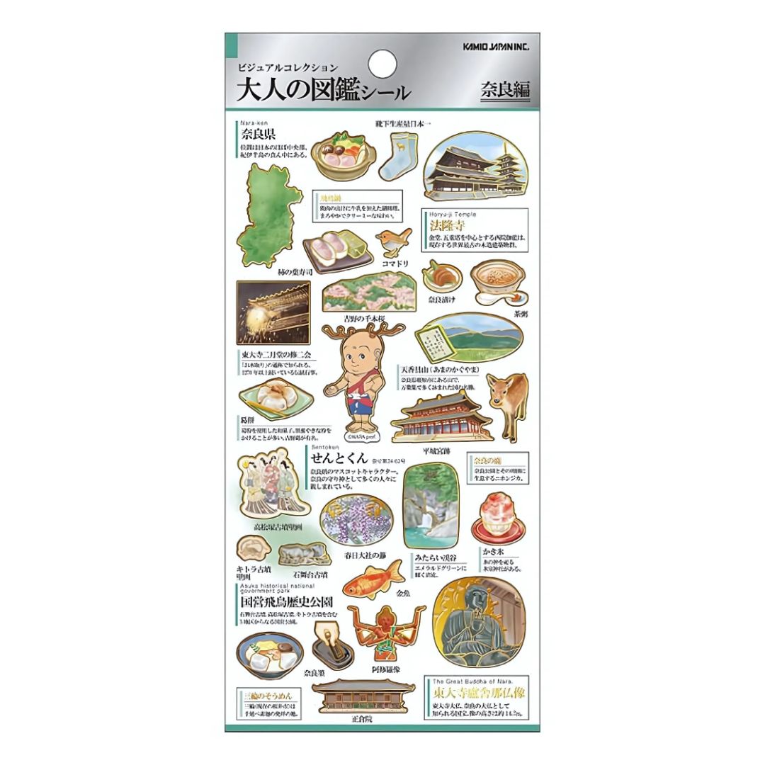 Sticker set met illustraties van Nara-herten, sushi en bekende tempels uit Nara, op een stickervel met zachte Japanse kleuren.