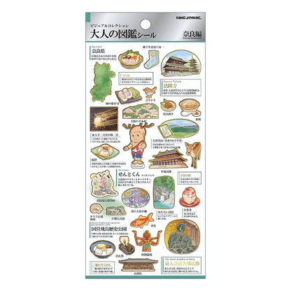 Sticker set met illustraties van Nara-herten, sushi en bekende tempels uit Nara, op een stickervel met zachte Japanse kleuren.