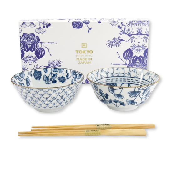 Cadeau-set Flora Japonica met twee Japanse kommen van 500 ml en twee paar chopsticks, botanisch design van Tokyo Design Studio.