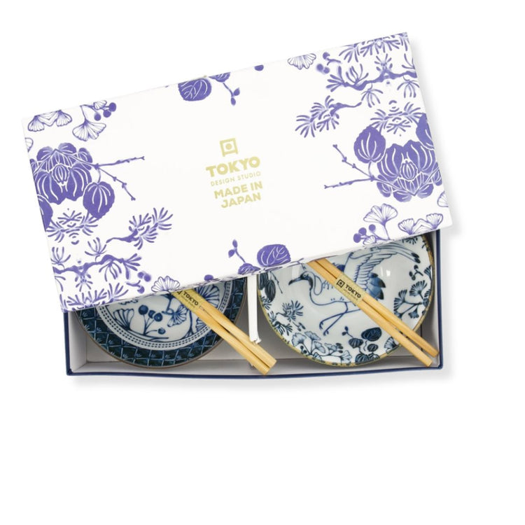 Japanse cadeau-set met Flora Japonica kommen en houten chopsticks, ideaal voor ramen en udon.