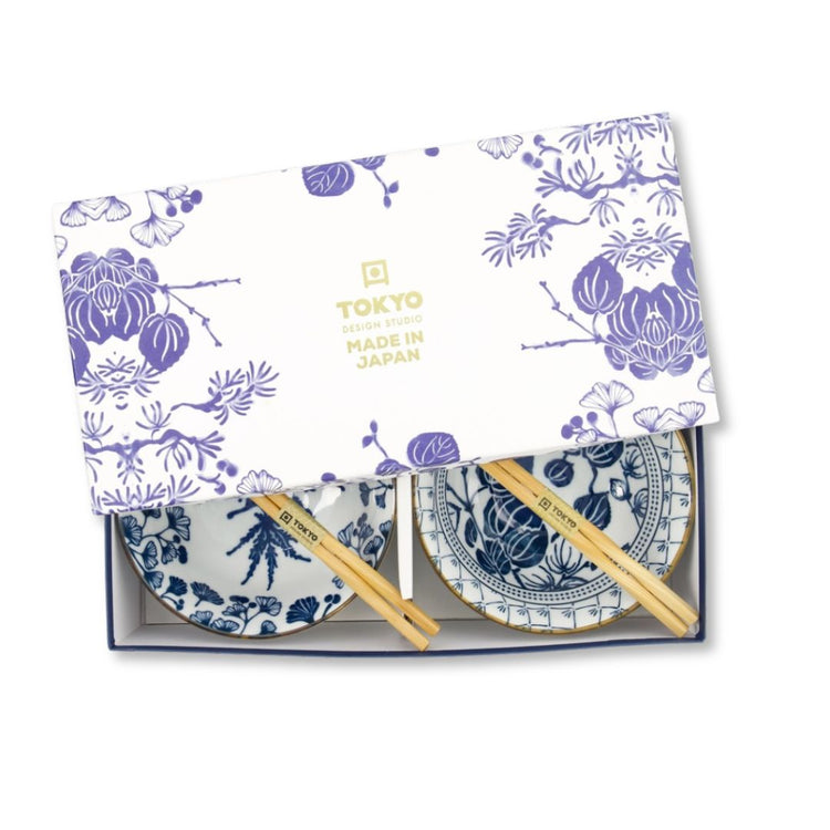Japanse cadeau-set met Flora Japonica kommen en houten chopsticks, ideaal voor ramen en udon.